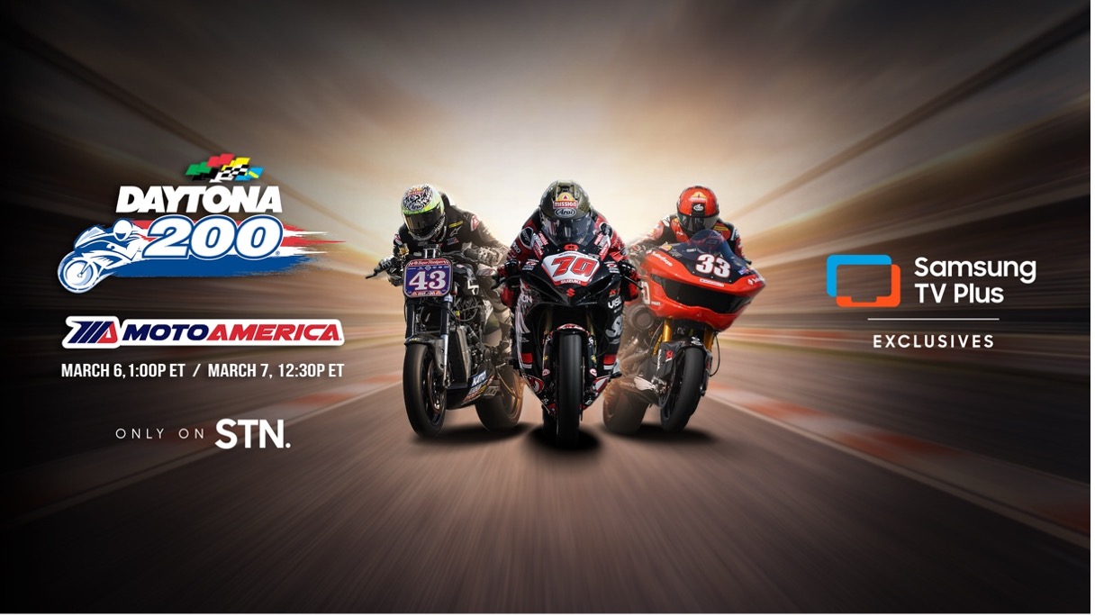 Promotional graphic for the Daytona 200 showing three MotoAmerica Superbikes racing side-by-side, with Samsung TV Plus branding and text announcing live coverage beginning March 6 on Samsung TV Network (STN).